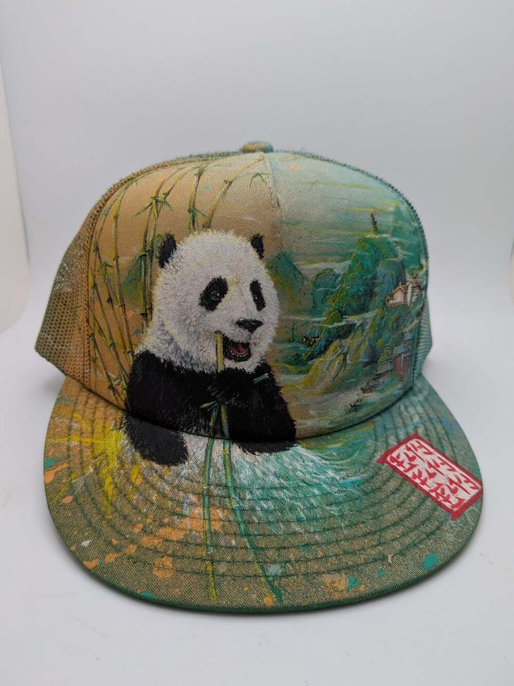 Custom Hand Painted Panda Bamboo Landscape Trucker Snapback Hat